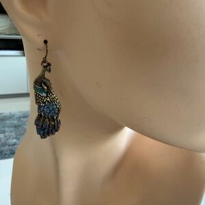 Peacock Dangle Earrings Gold Tone Blue Purple Enamel Rhinestone